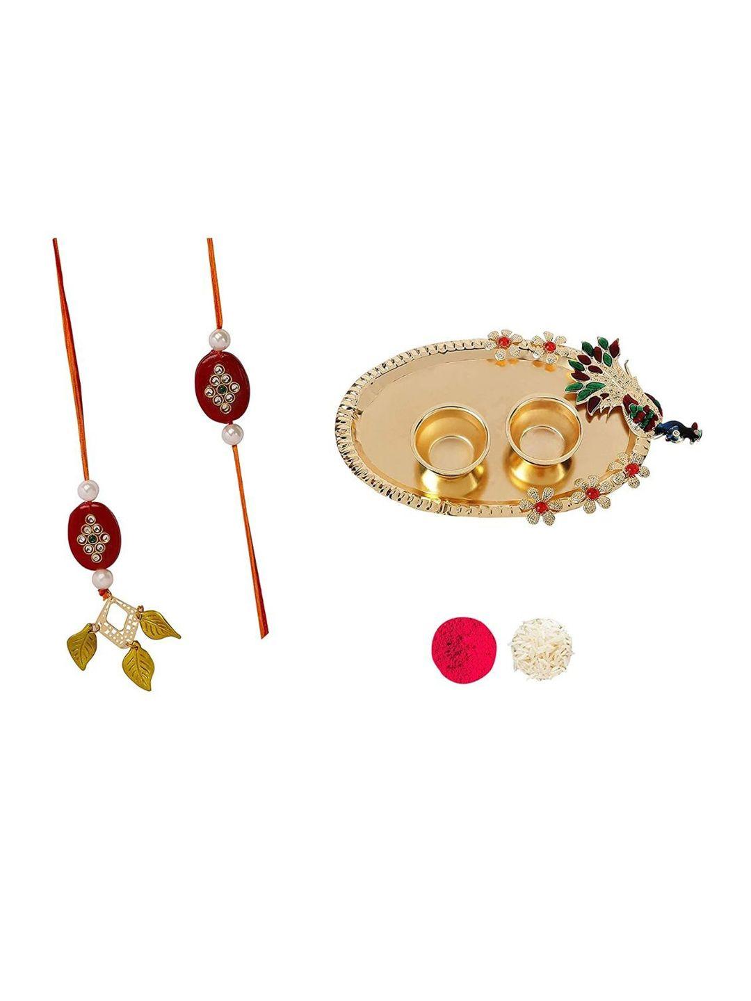 accessher stone-studded & pearl-beaded rakhi with peacock pooja thali & roli & chawal