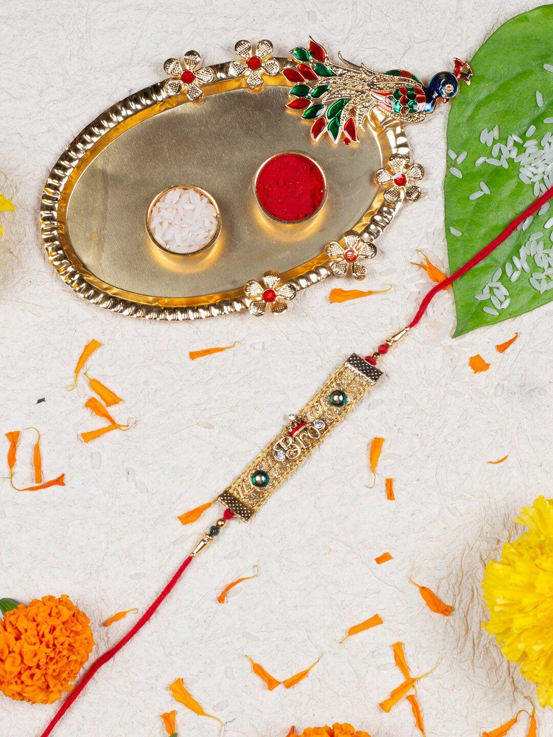 accessher stone-studded bro embellished rakhi with roli, rice, greeting card & pooja thali