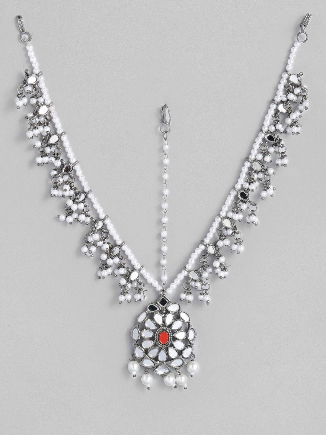 accessher white oxidised silver-plated mirror embellished kundan & pearl matha patti
