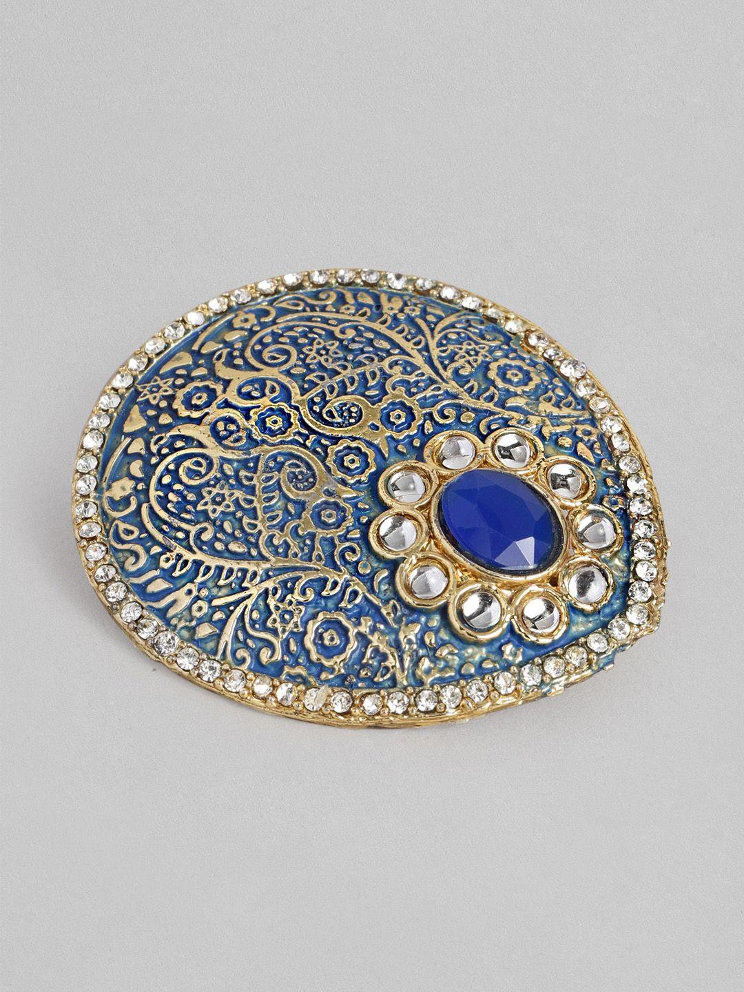 accessher women blue & gold-toned handcrafted enamelled ad studded brooch