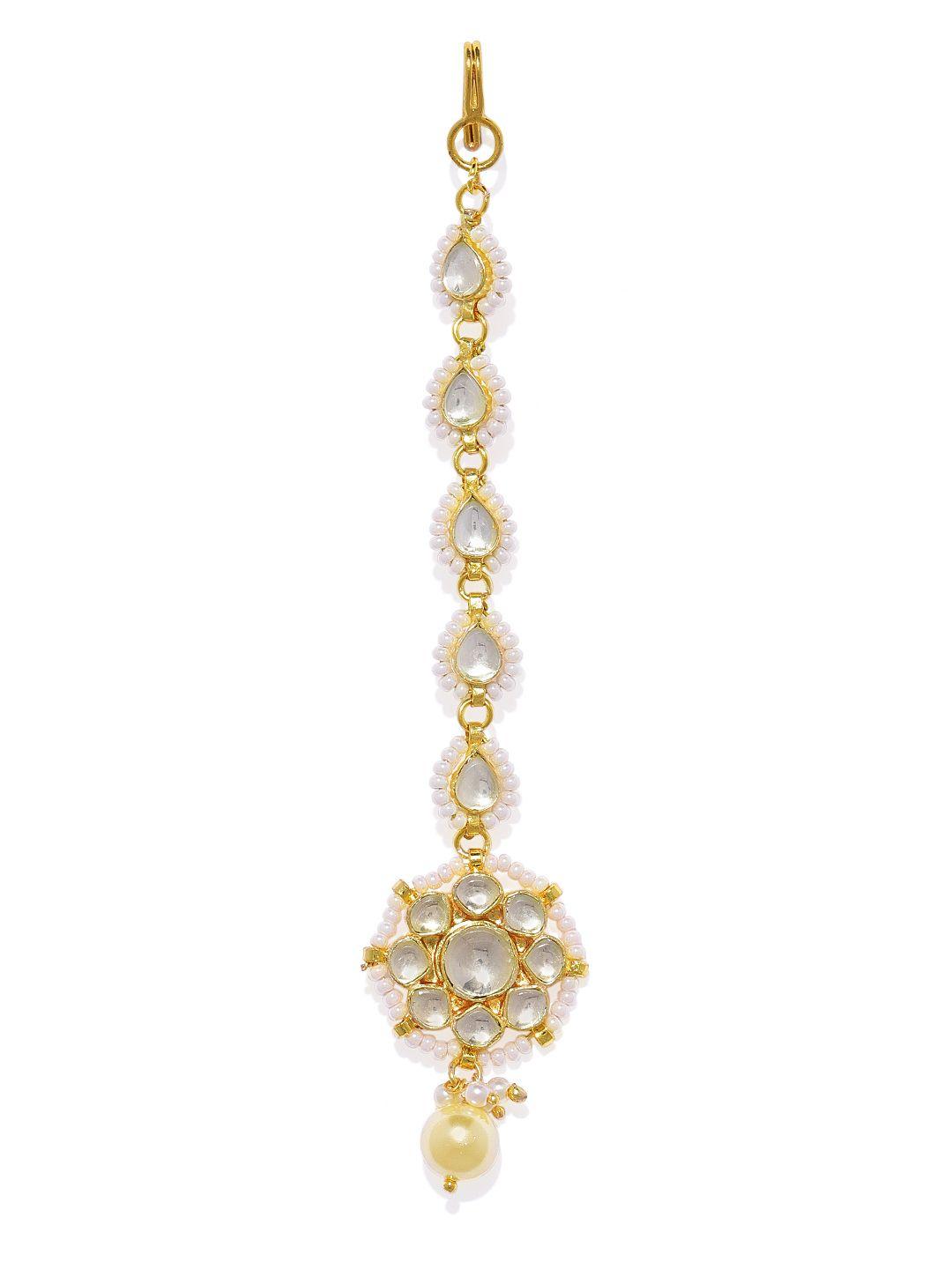 accessher women gold-plated & white kundan maang tika with pearl
