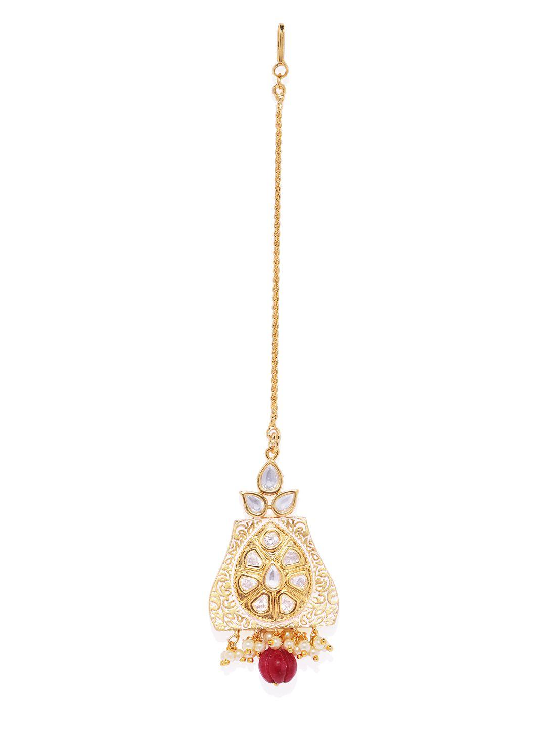 accessher women gold-plated & white meenakari maang tika