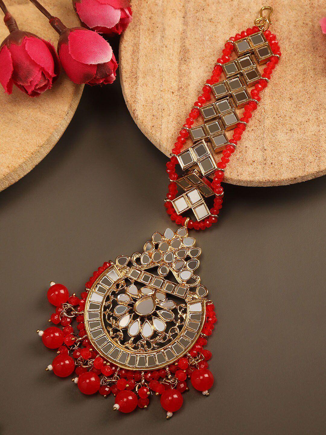 accessher women gold-plated red mirror-studded & beaded maangtika