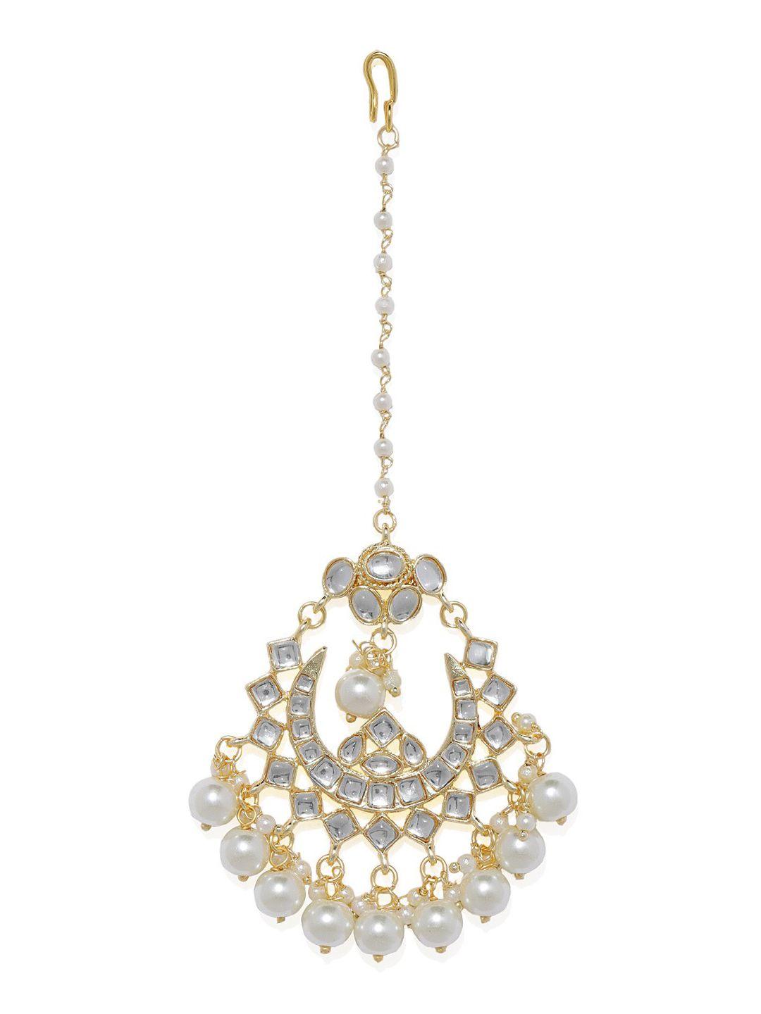 accessher women gold-plated white kundan studded maang tikka