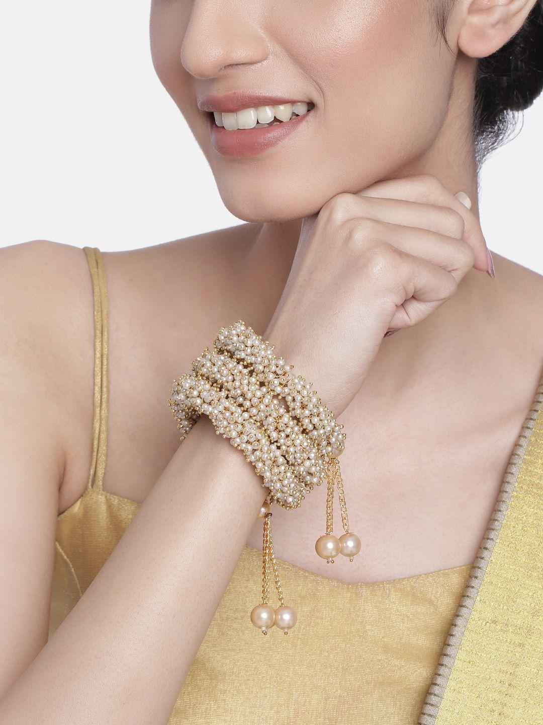 accessher women gold-toned & white brass pearls handcrafted gold-plated cuff bracelet