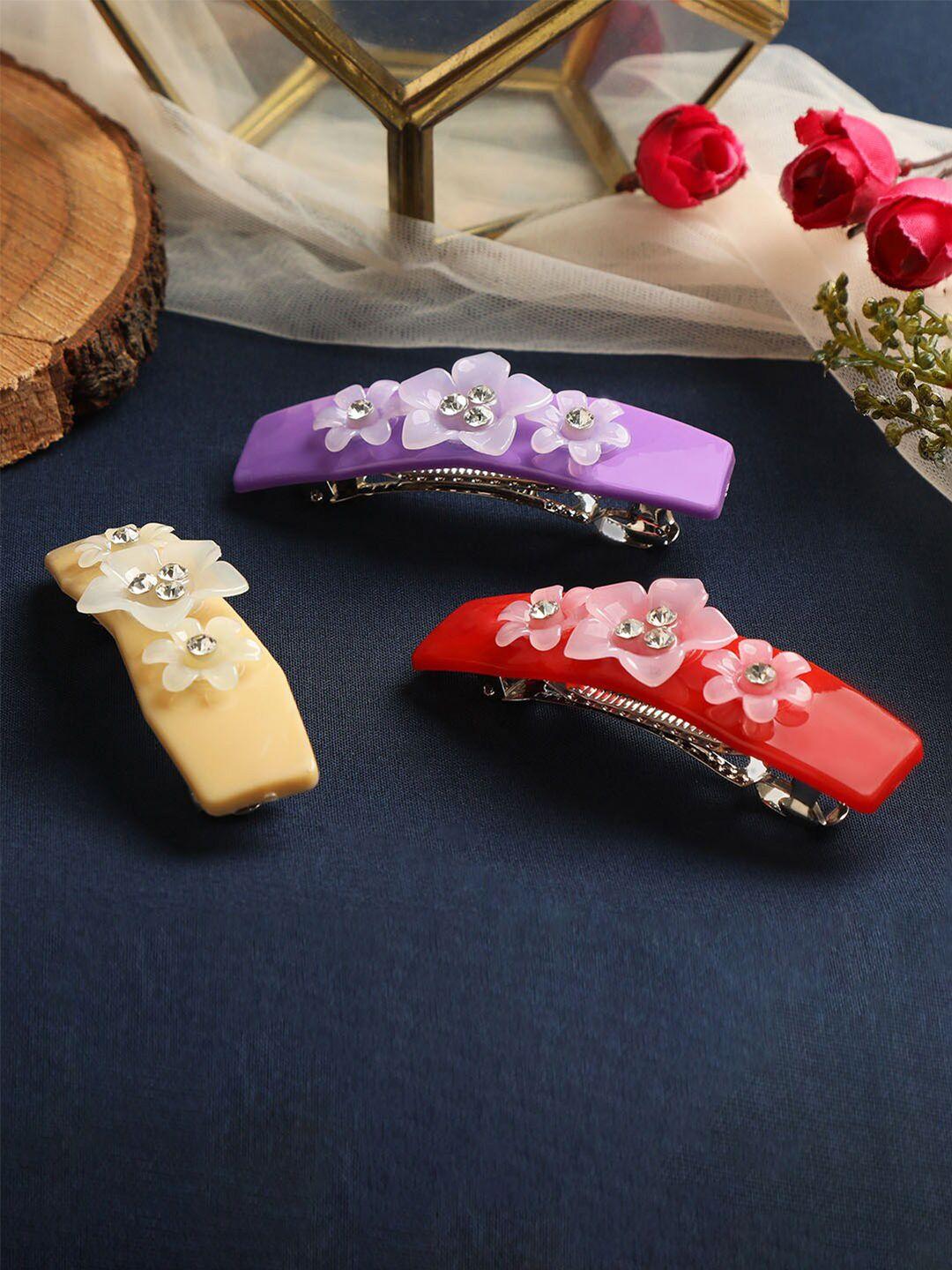 accessher women red & lavender set of 3 french barrette