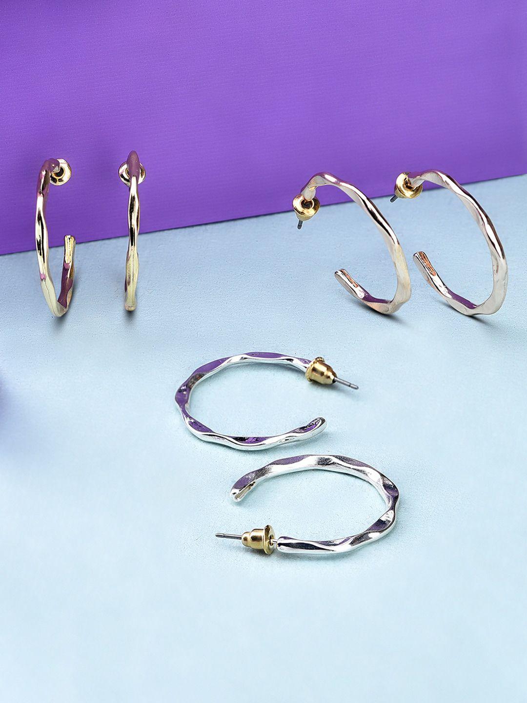 accessorize london set of 3 silver-toned geometric hoop earrings