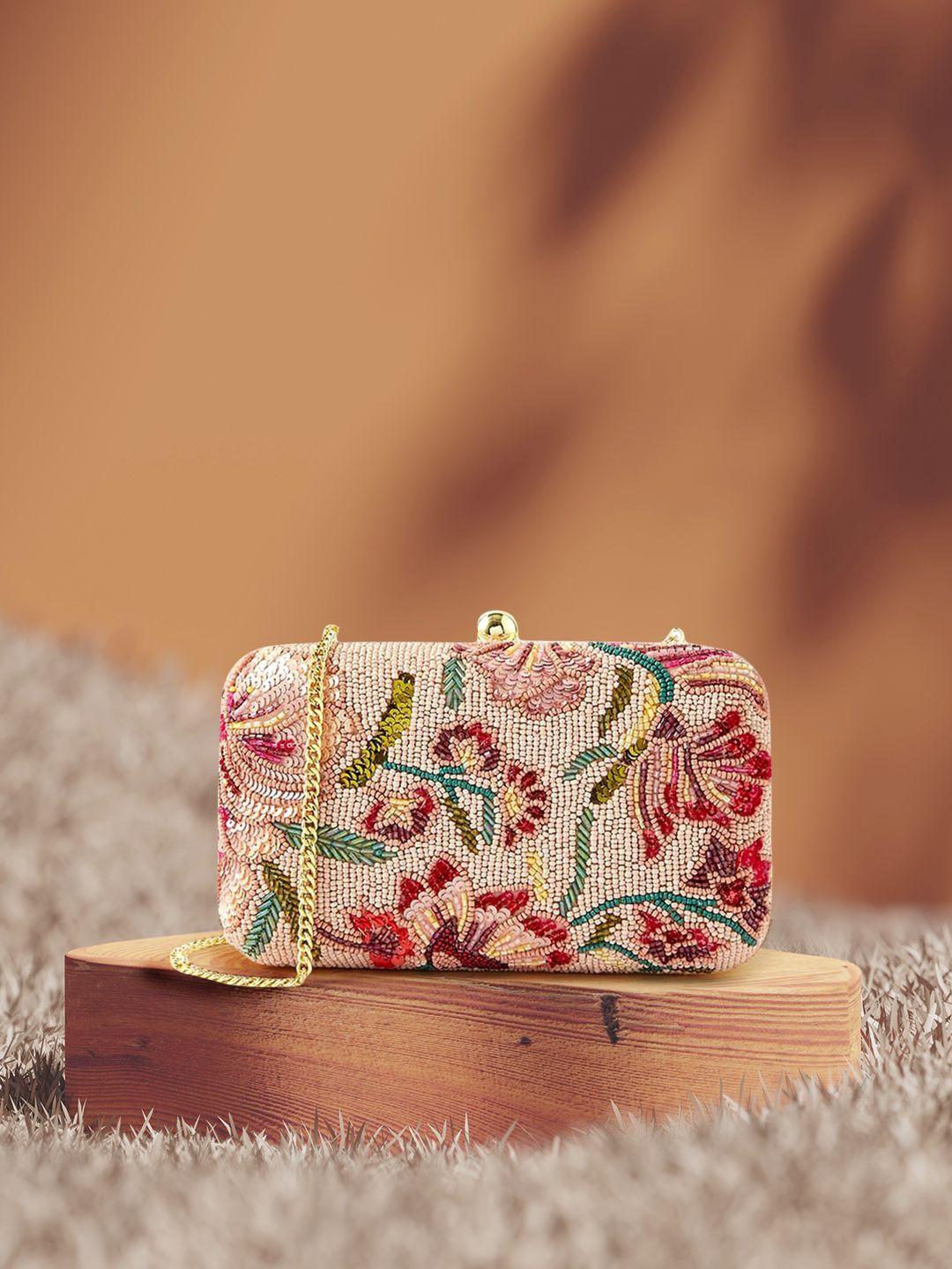 accessorize cream-coloured & red floralembellished box clutch