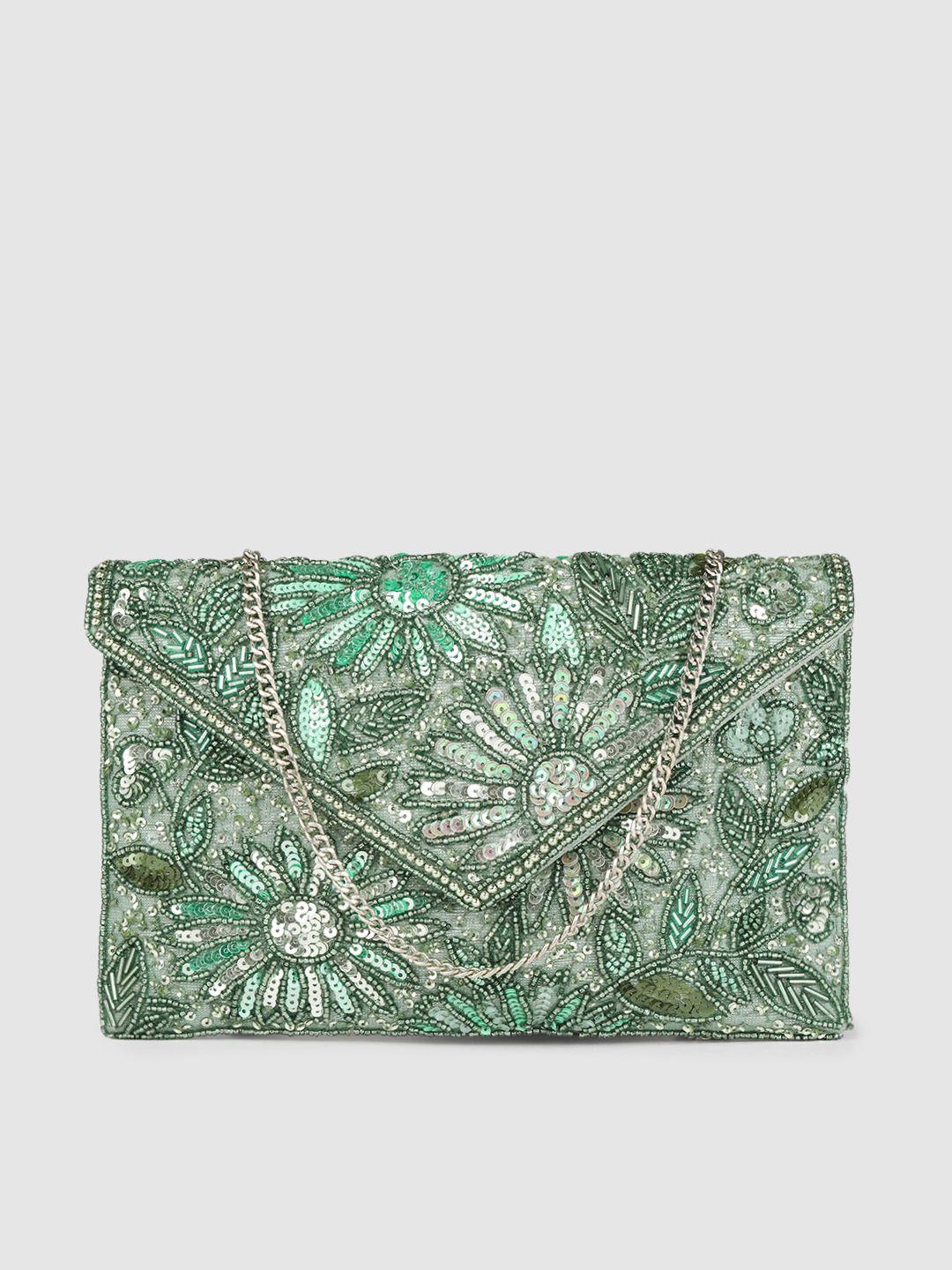 accessorize green sequin & beads embellished envelope clutch