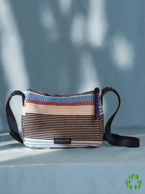 accessorize london grey & blue striped sling handbag