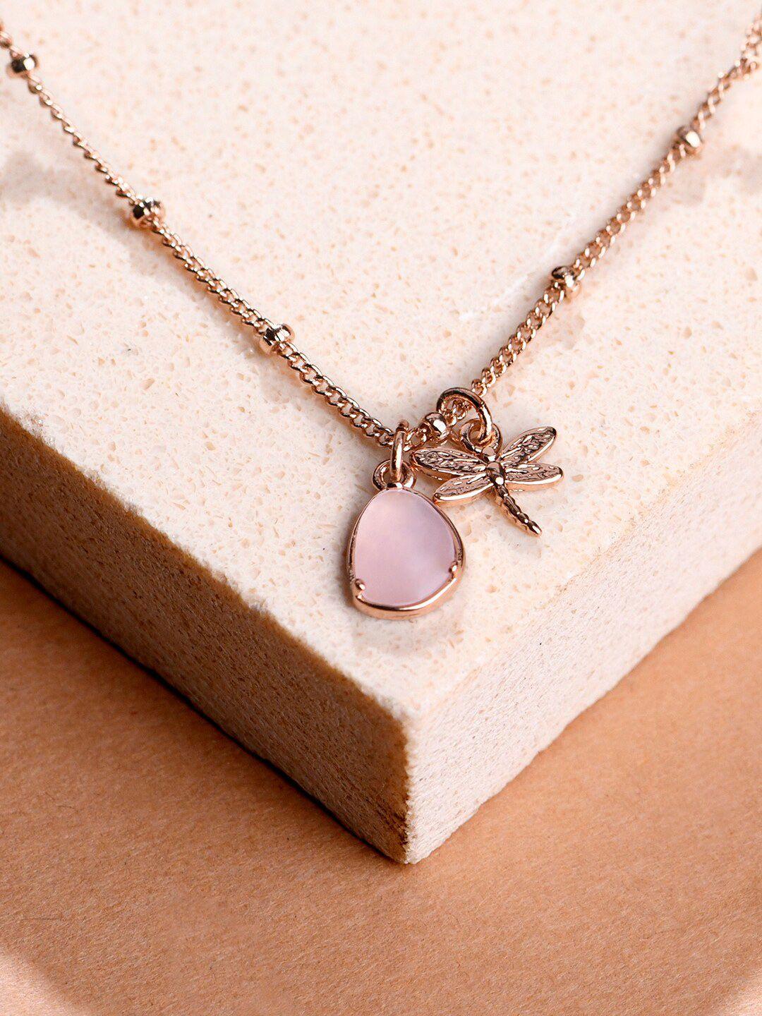 accessorize rose gold-toned gold-plated dragonfly & rose quartz pendant necklace