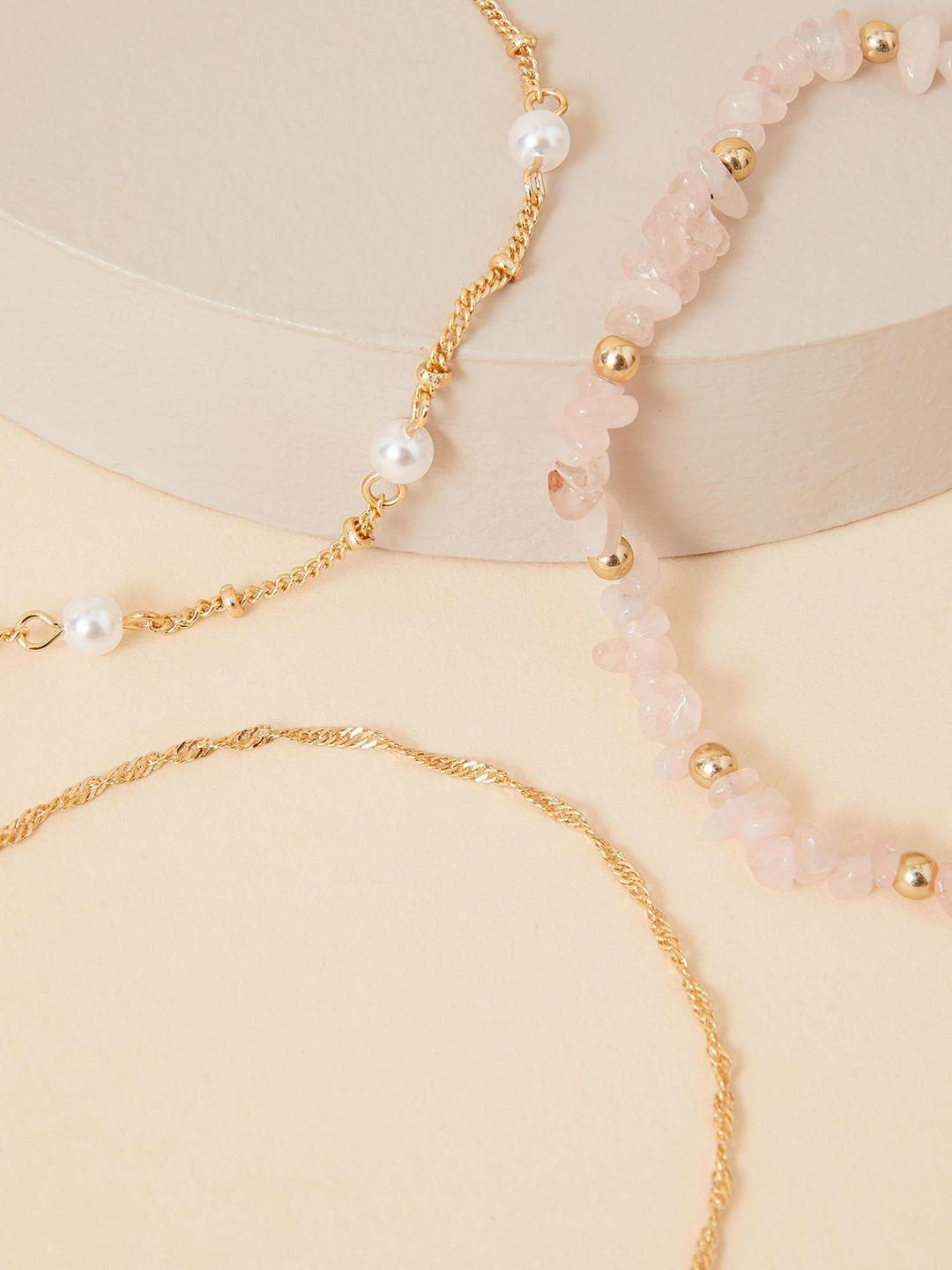 accessorize women pink set of 3 raw cut stone & faux pearl anklet