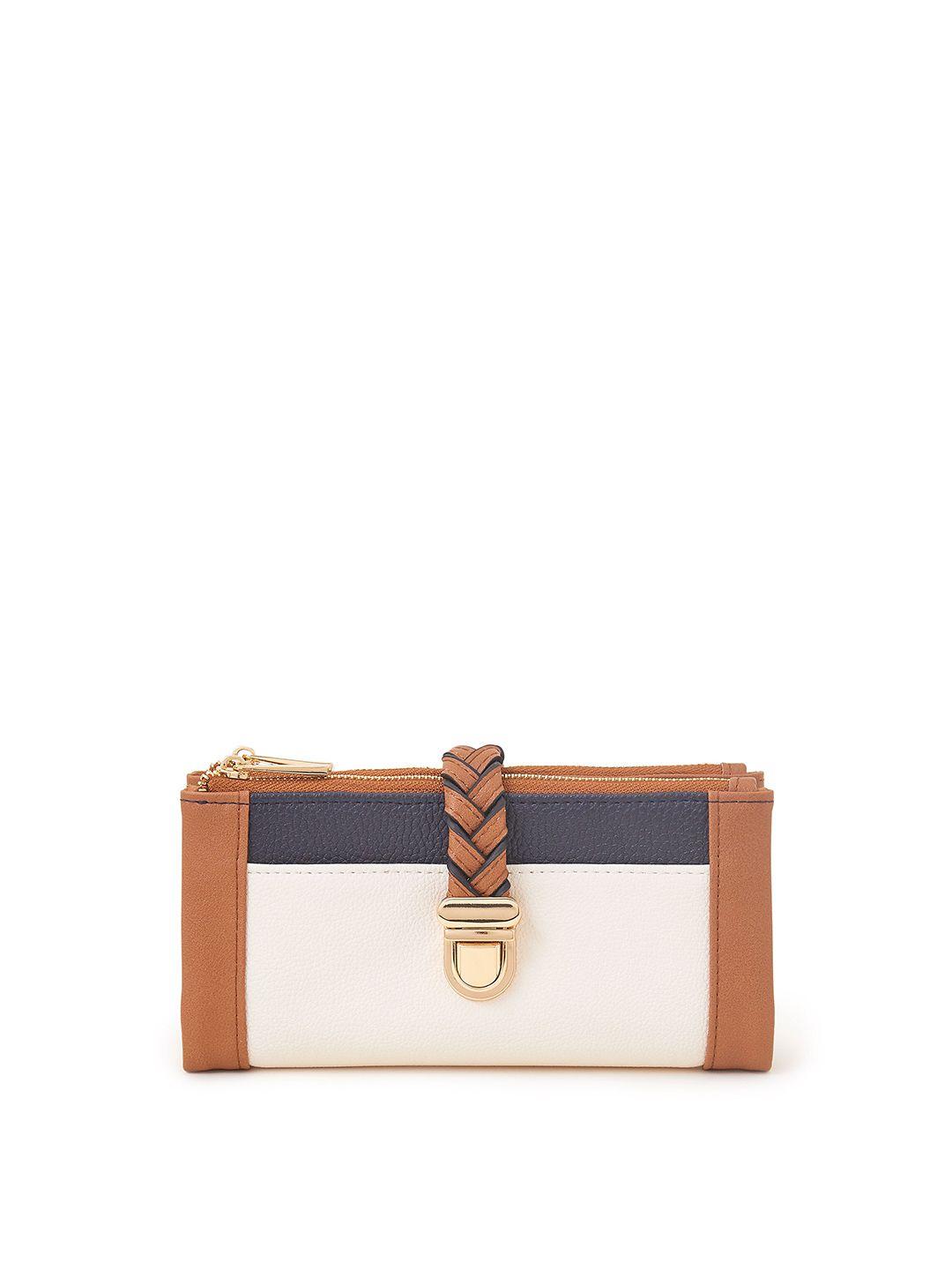 accessorize women tan & white colourblocked buckle detail pu two fold wallet