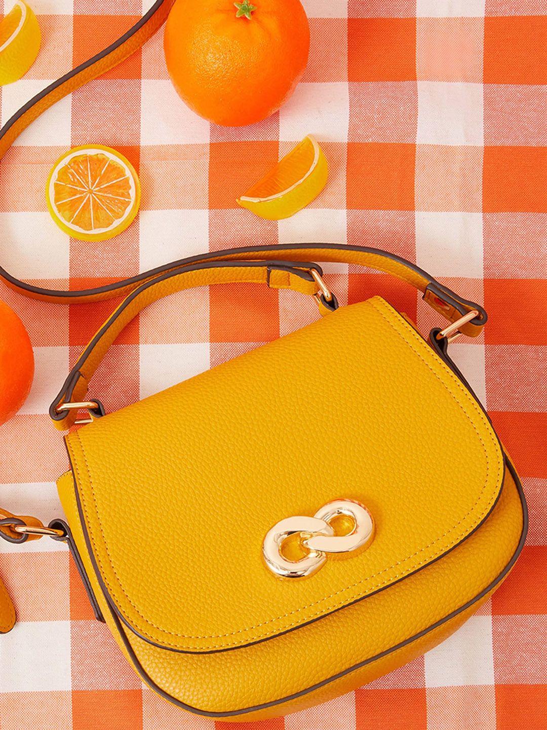 accessorize yellow checked pu structured handheld bag with applique