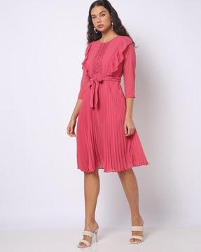 accordion pleat fit & flare dress with tie-up