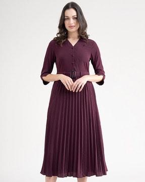 accordion pleated a-line dress with belt