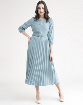 accordion pleated a-line dress with waist belt