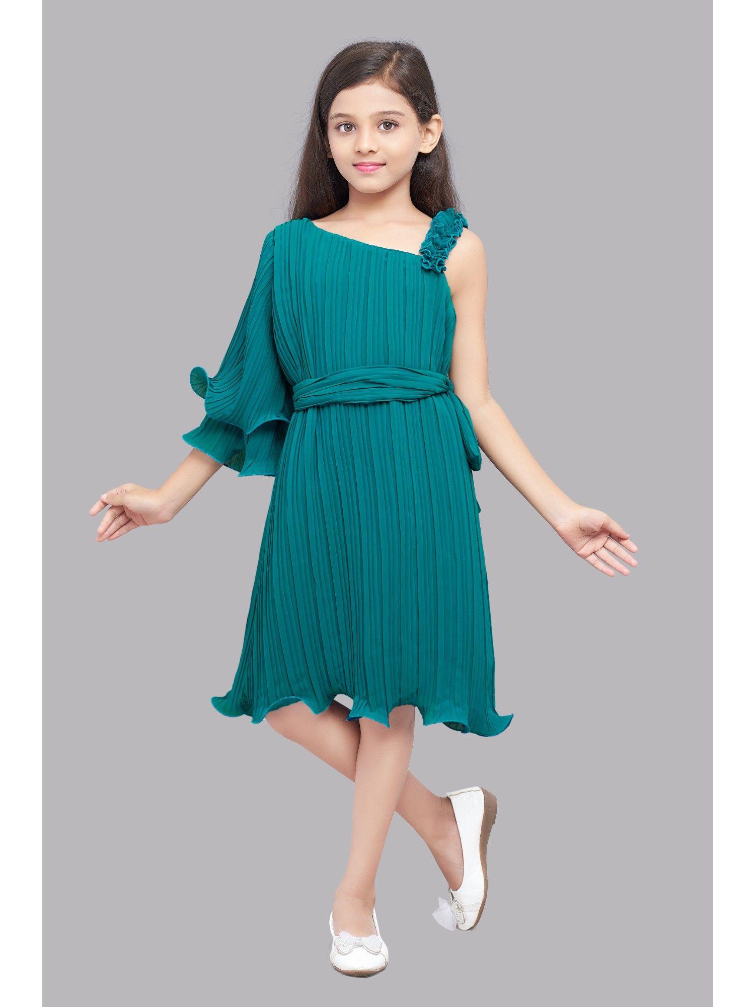 accordion pleated one shoulder dress-teal