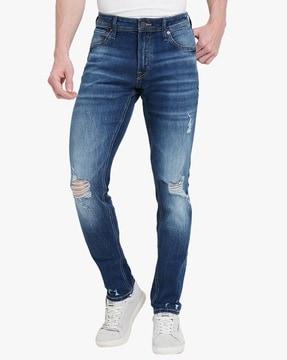 acid mid-wash slim fit distressed jeans