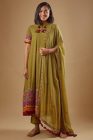 acid green bemberg silk patchwork kalidar anarkali set