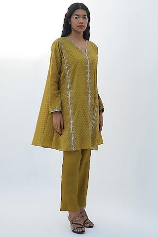 acid green chanderi jacquard embroidered tunic set