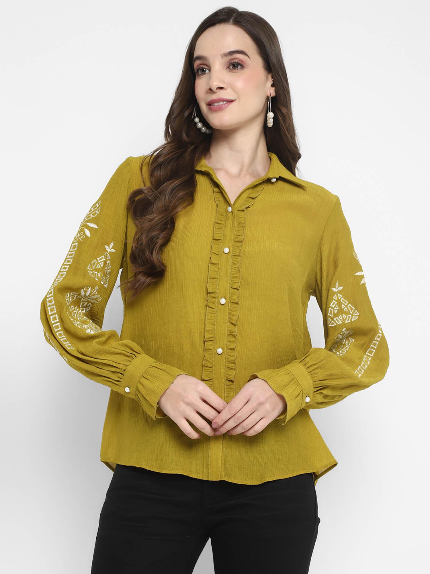 acid green embroidered crinkled crepe shirt