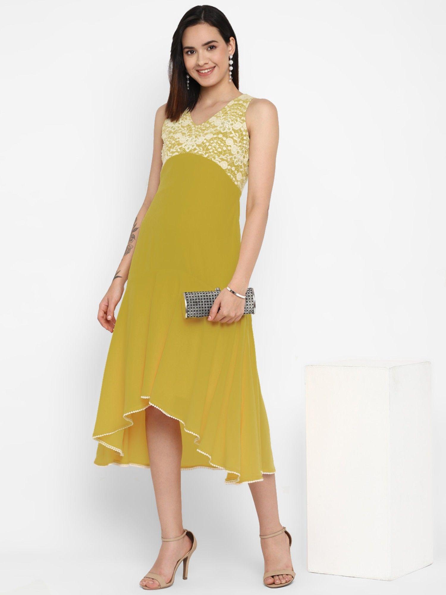 acid green embroidered georgette midi dress