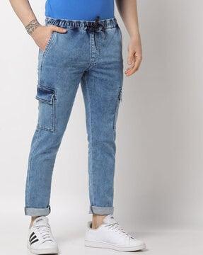 acid lightly washed slim fit jeans with flap pockets