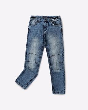 acid-wash mid-rise straight fit biker jeans