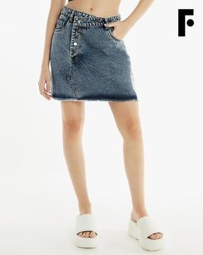 acid-washed distressed straight skirt