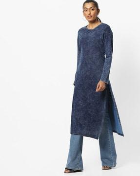 acid washed round-neck straight tunic