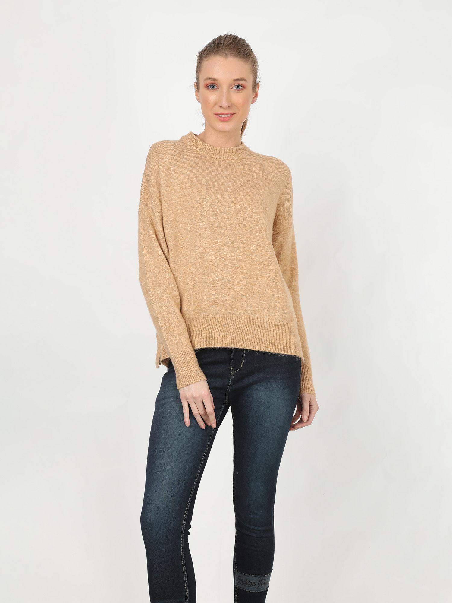 acrylic crew neck full sleeve knit super soft light beige sweater