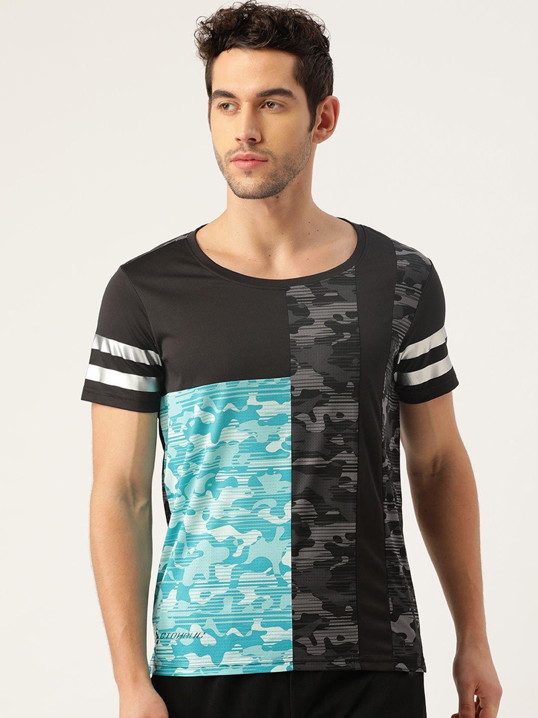 actoholic men black & blue camouflage printed round neck t-shirt