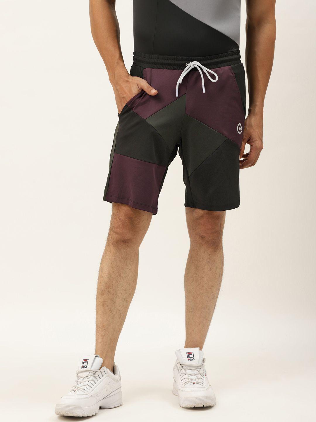 actoholic men black & burgundy colourblocked regular fit sports shorts