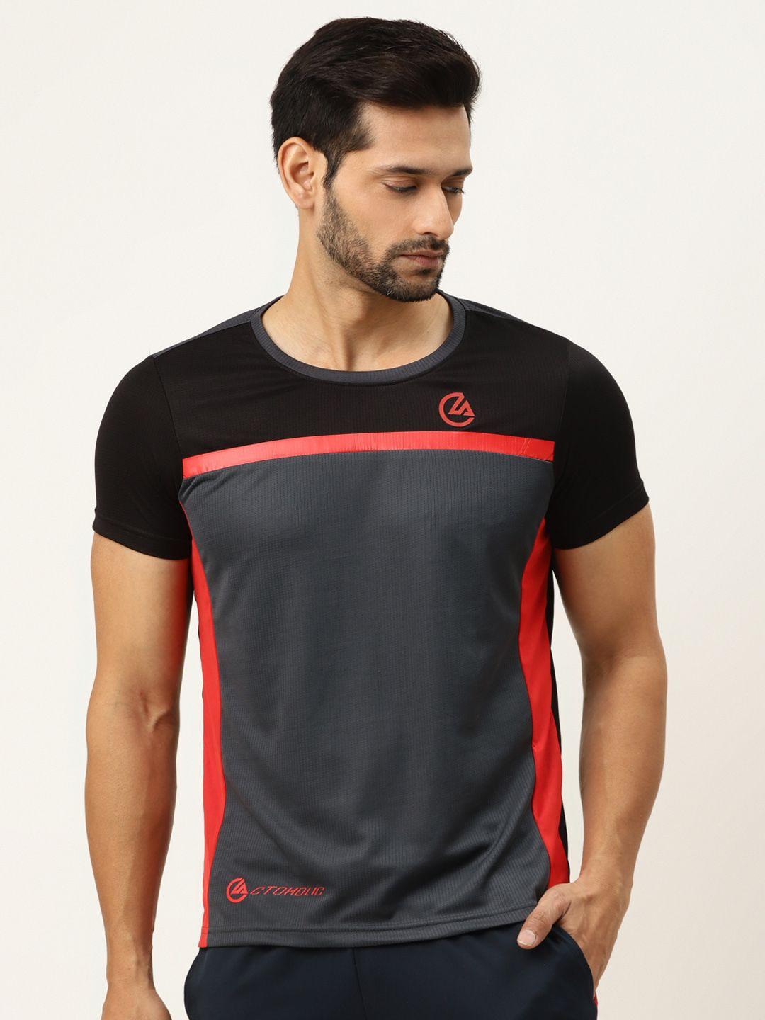 actoholic men black & charcoal grey colourblocked round neck t-shirt