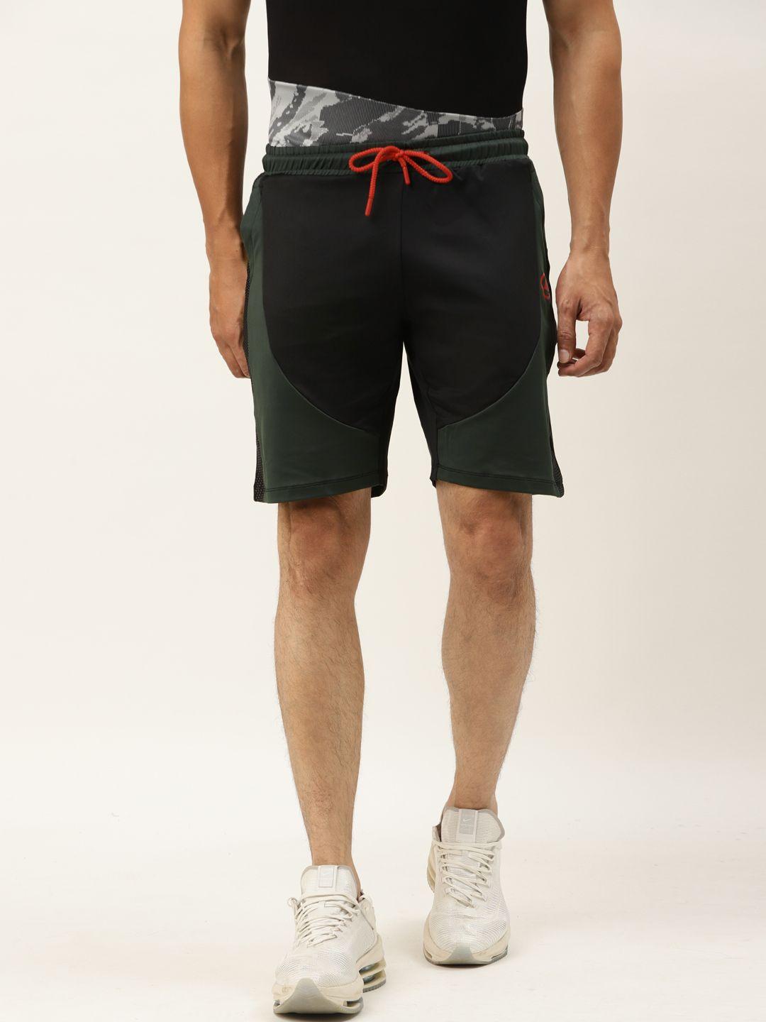 actoholic men black & green colourblocked regular fit sports shorts