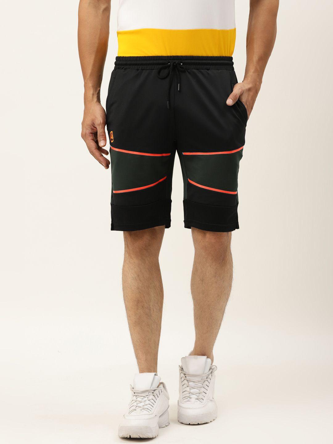 actoholic men black & green colourblocked regular fit sports shorts