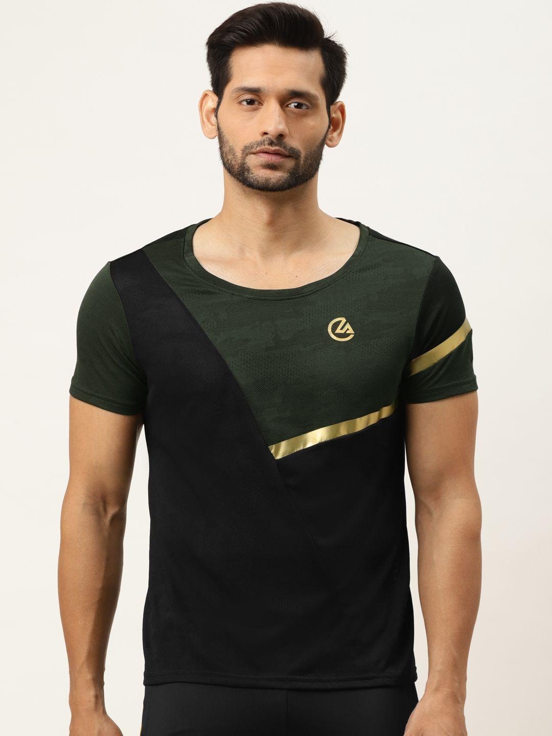 actoholic men black & olive green colourblocked round neck t-shirt