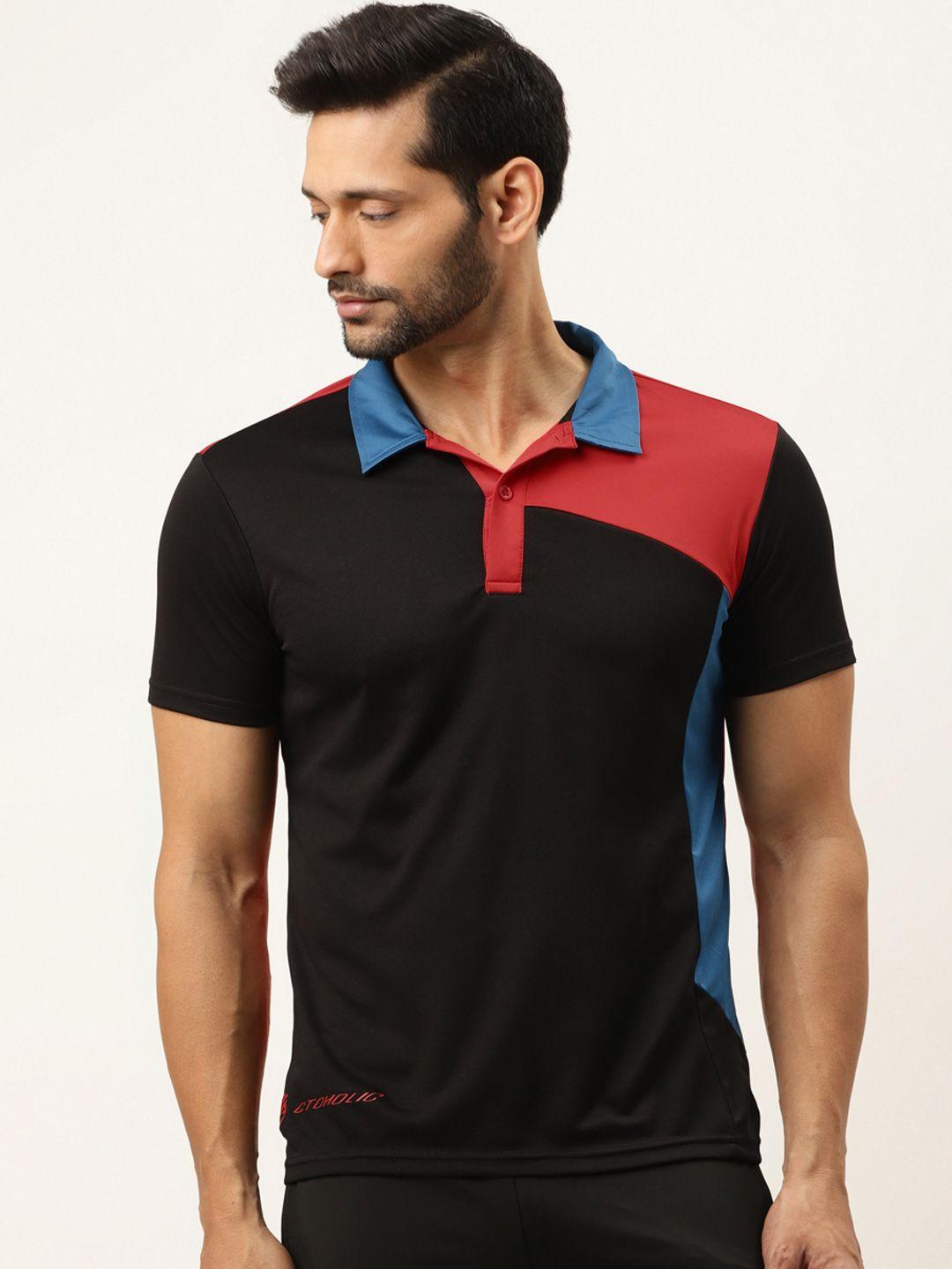 actoholic men black & red colourblocked polo collar t-shirt