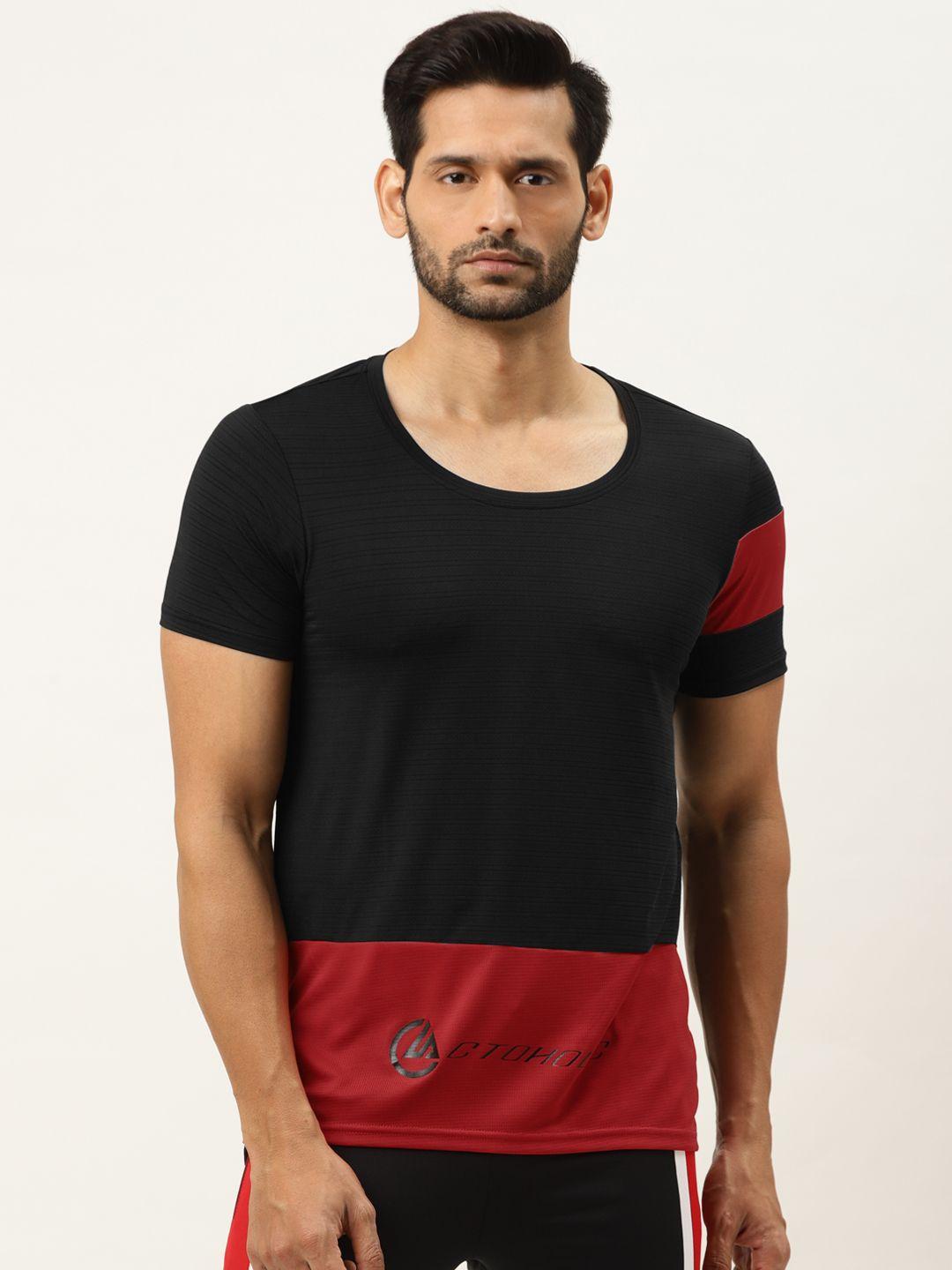 actoholic men black & red colourblocked round neck high-low t-shirt