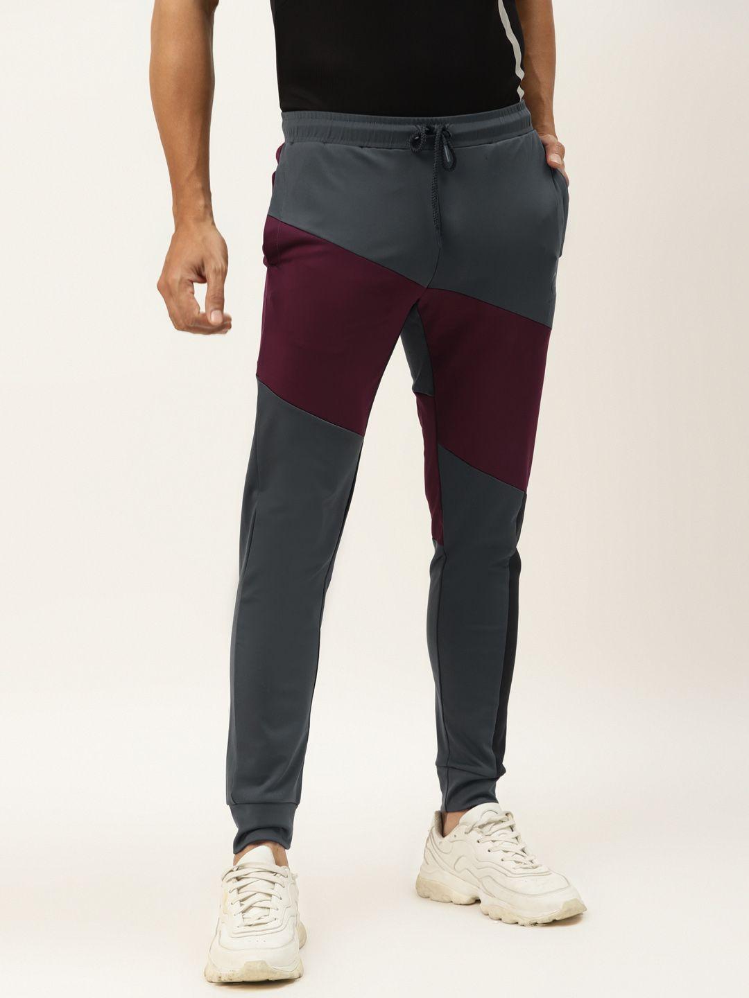 actoholic men charcoal grey & burgundy colourblocked joggers