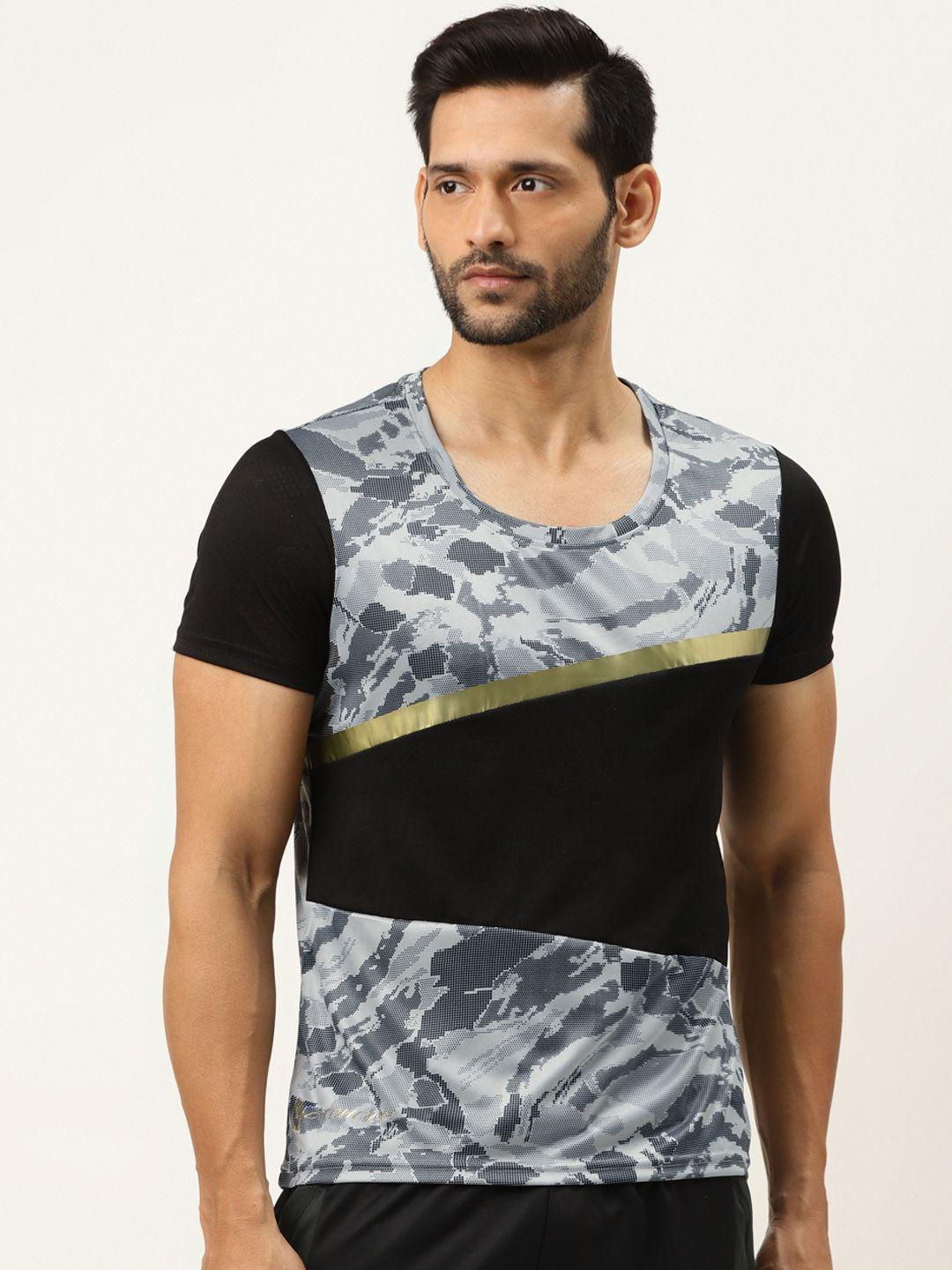 actoholic men grey & black printed round neck t-shirt