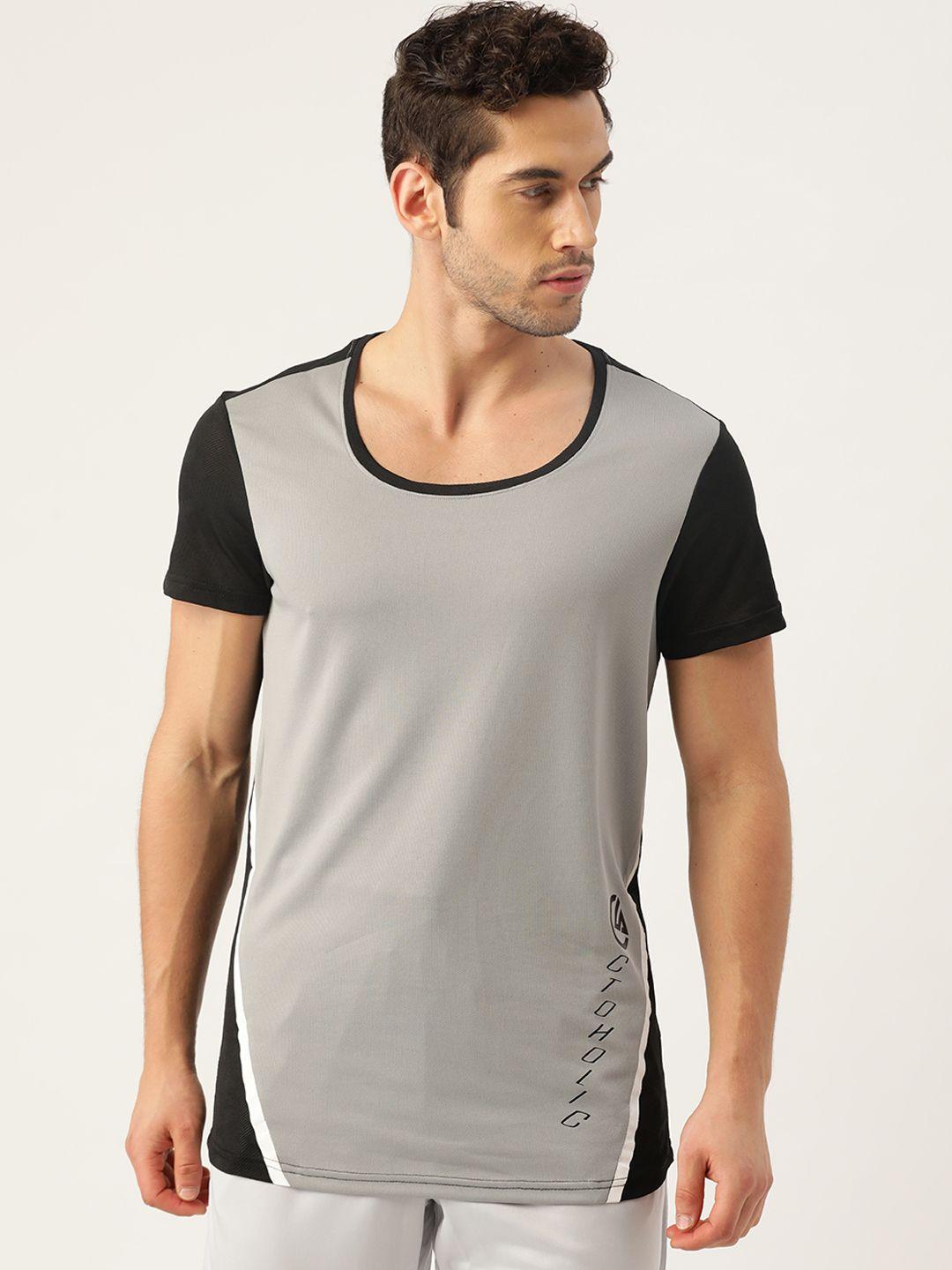 actoholic men grey & black solid round neck t-shirt