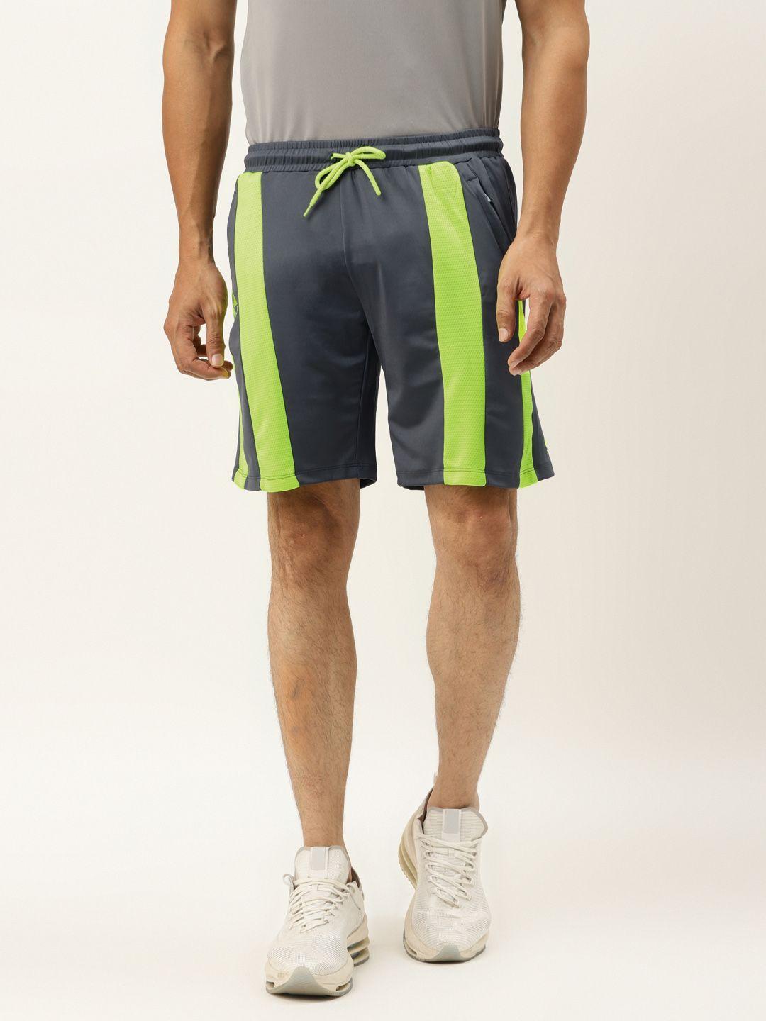 actoholic men grey & fluorescent green mesh striped regular fit sports shorts