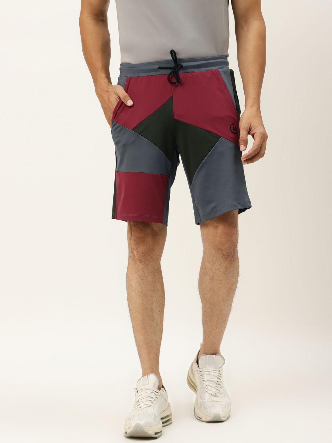 actoholic men grey & maroon colourblocked regular fit sports shorts