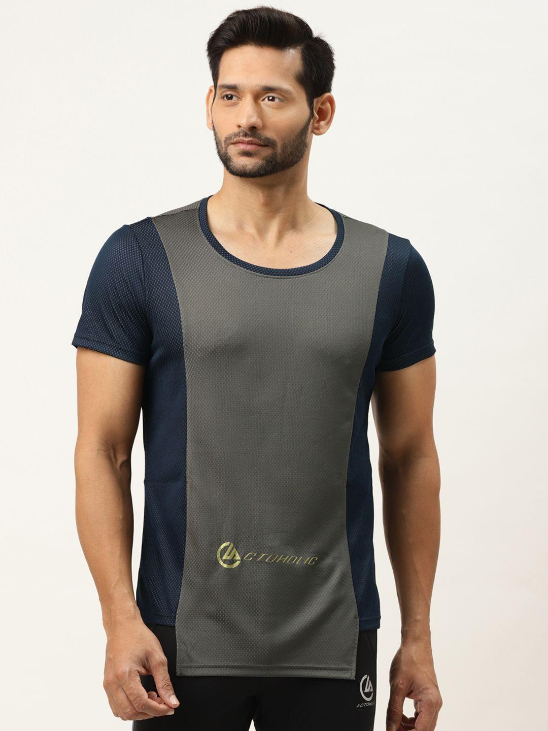 actoholic men grey & navy colourblocked round neck t-shirt