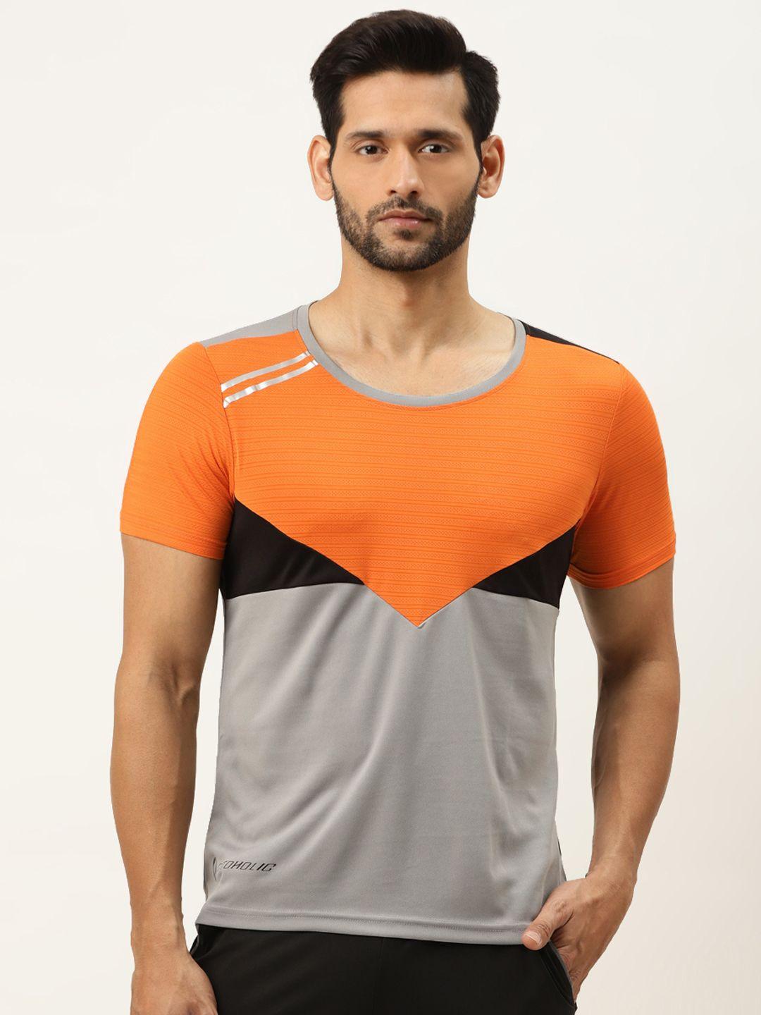 actoholic men grey & orange colourblocked round neck t-shirt