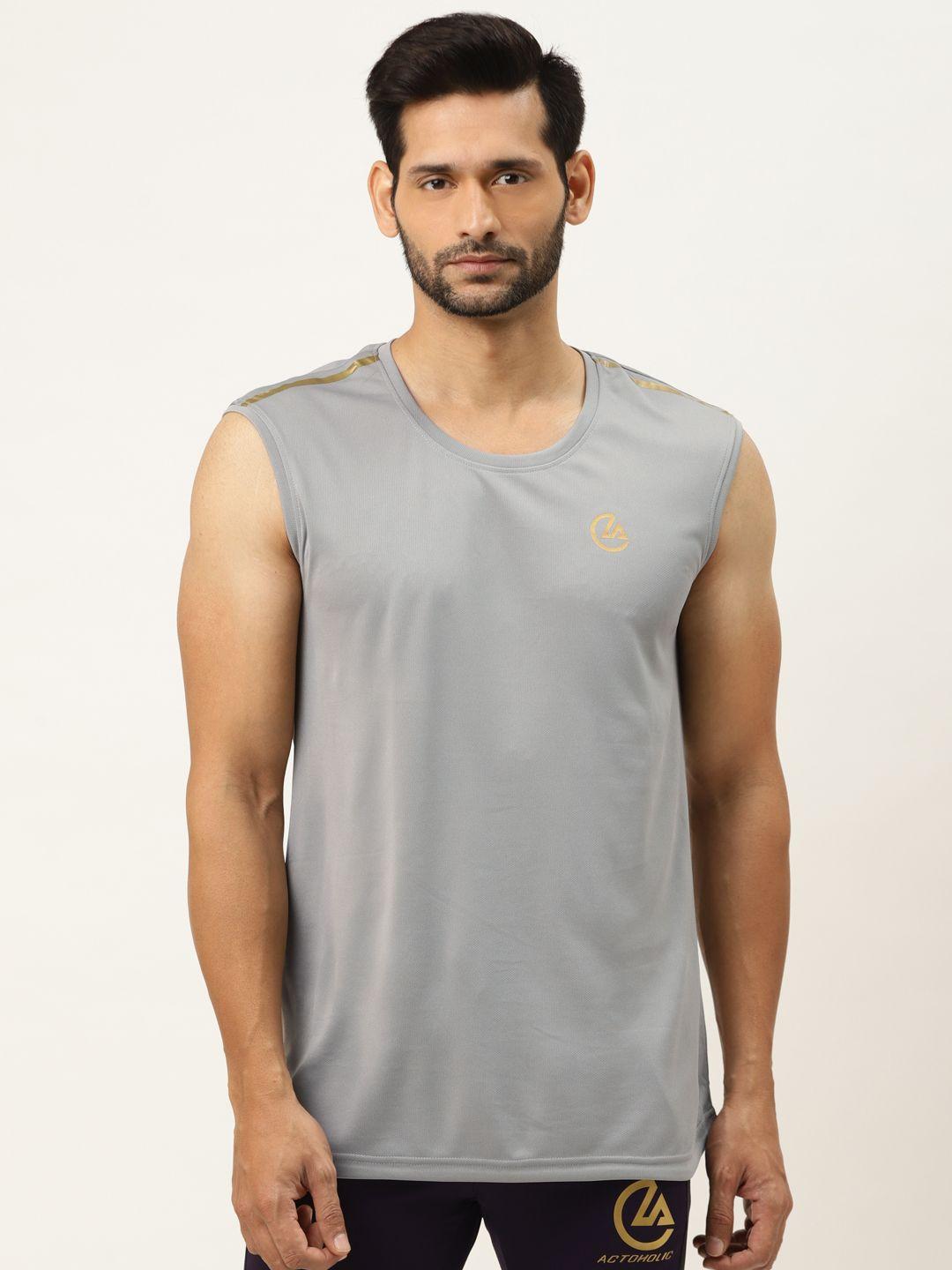 actoholic men grey solid round neck t-shirt