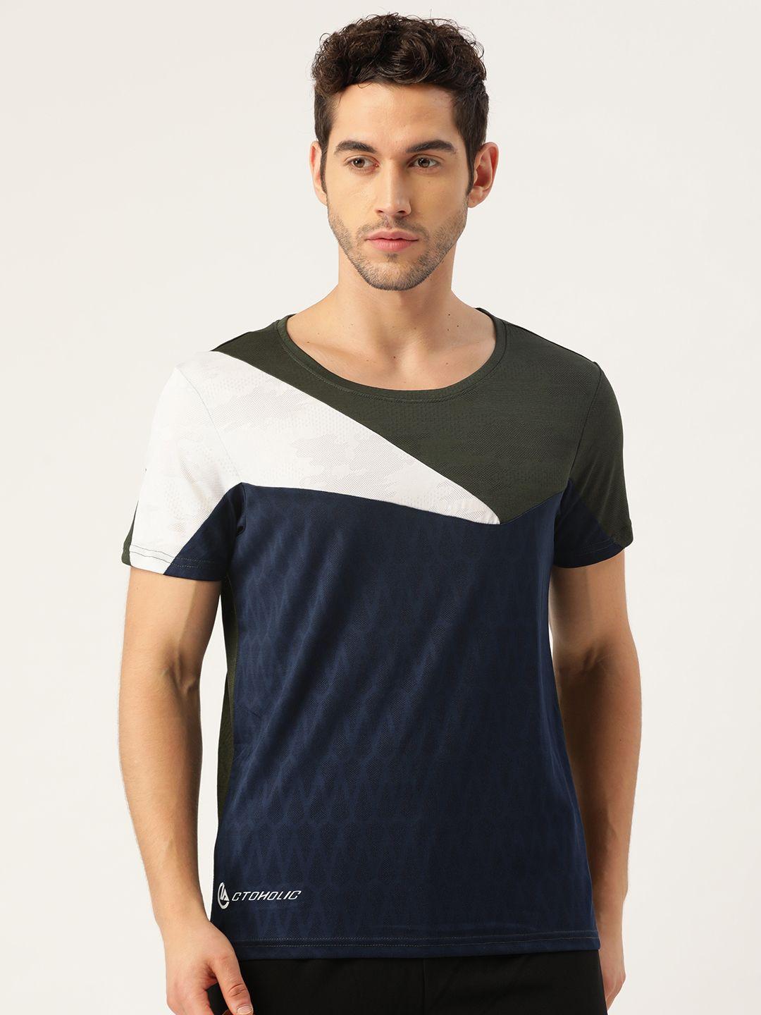 actoholic men navy & olive green colourblocked round neck t-shirt