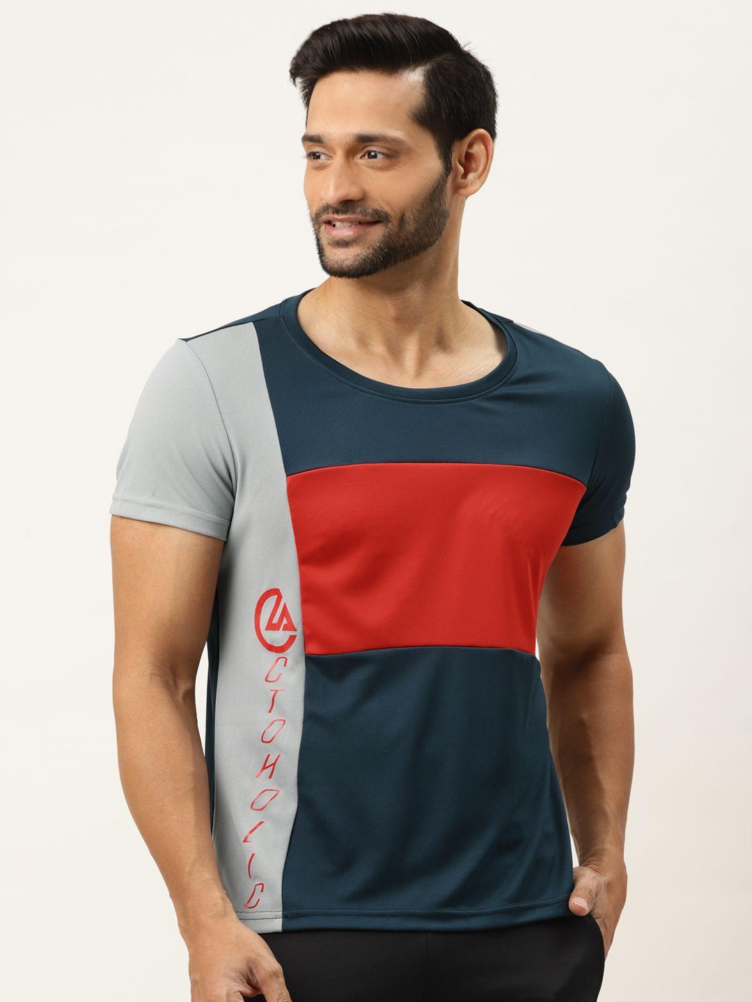 actoholic men navy & red colourblocked round neck t-shirt